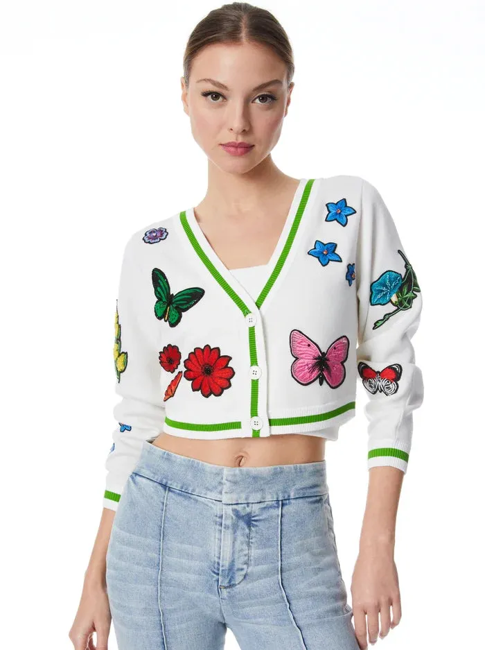 Alice & Olivia Arlen Cropped Easy V Neck Cardi - Soft White/Multi