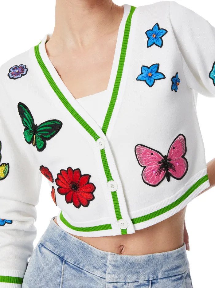 Alice & Olivia Arlen Cropped Easy V Neck Cardi - Soft White/Multi