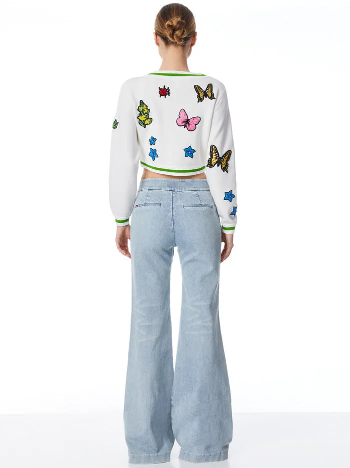 Alice & Olivia Arlen Cropped Easy V Neck Cardi - Soft White/Multi