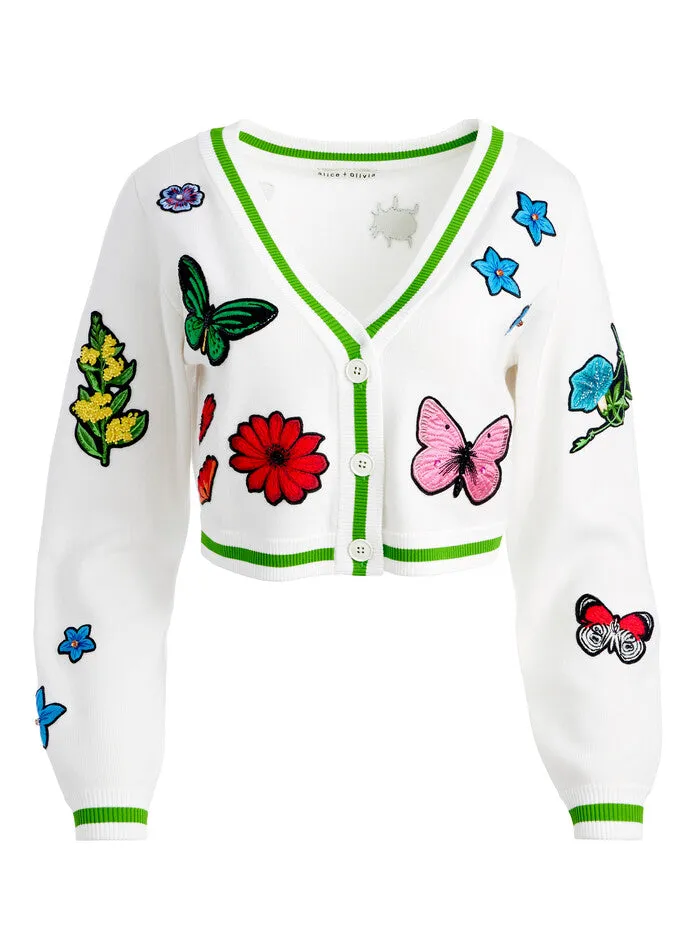 Alice & Olivia Arlen Cropped Easy V Neck Cardi - Soft White/Multi