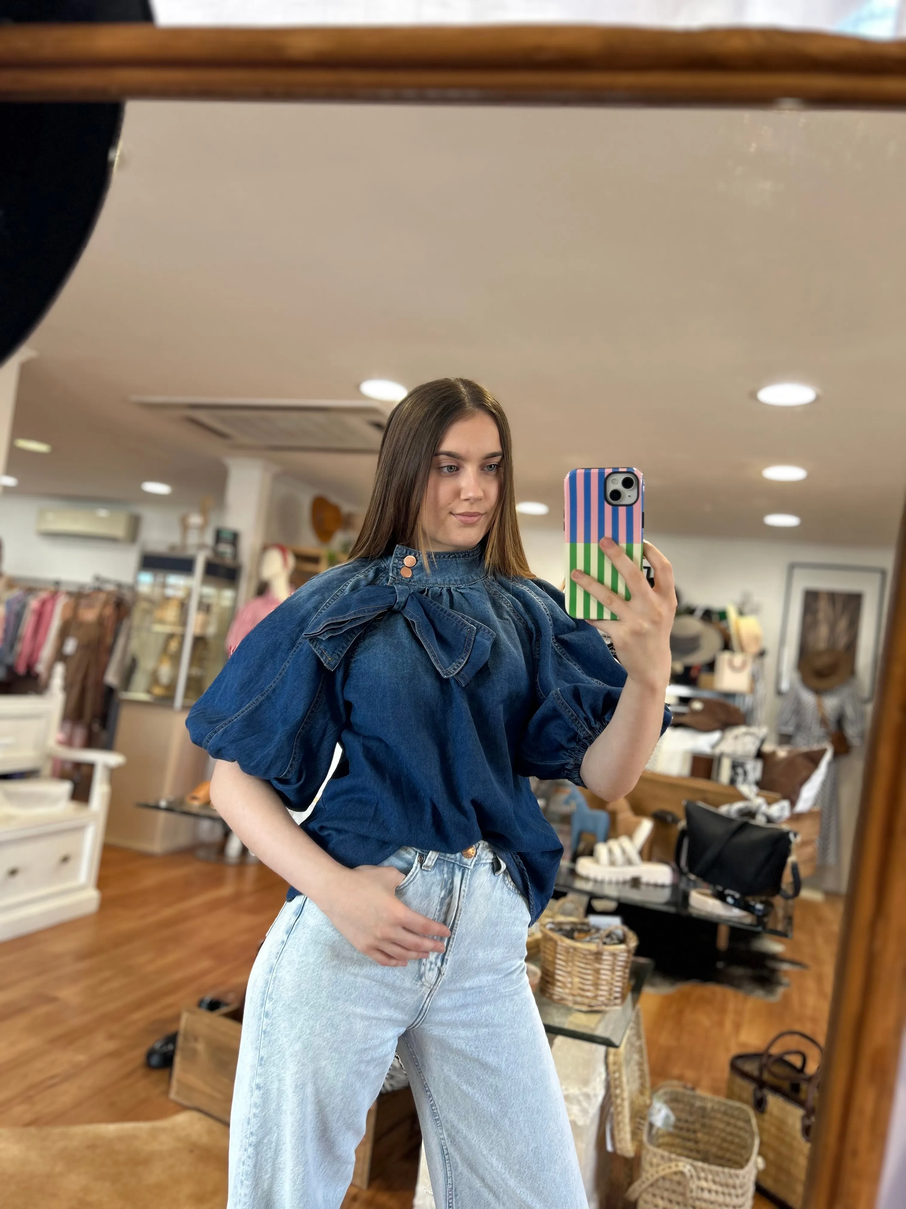 Ruffle Bow Denim Top