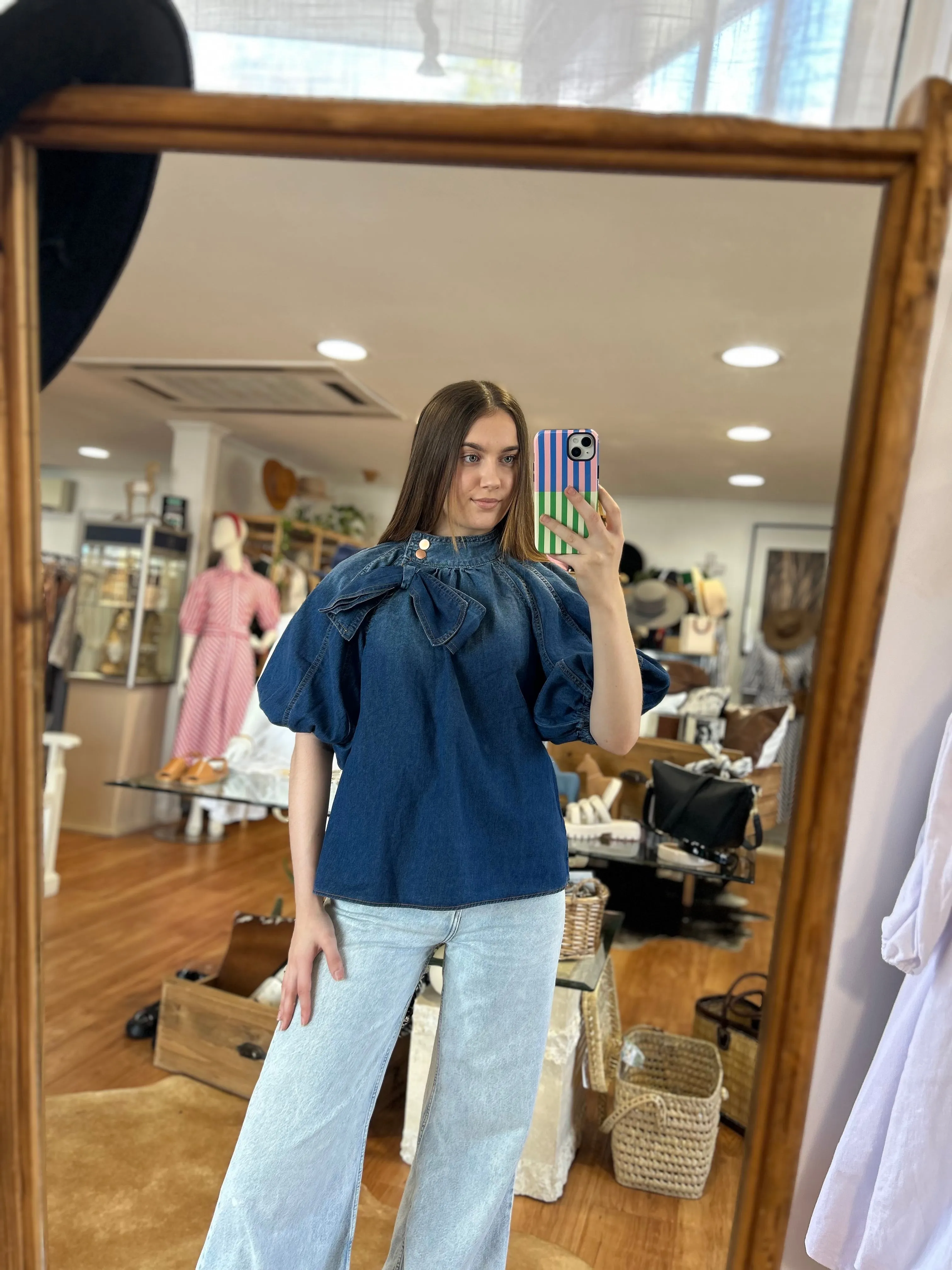 Ruffle Bow Denim Top