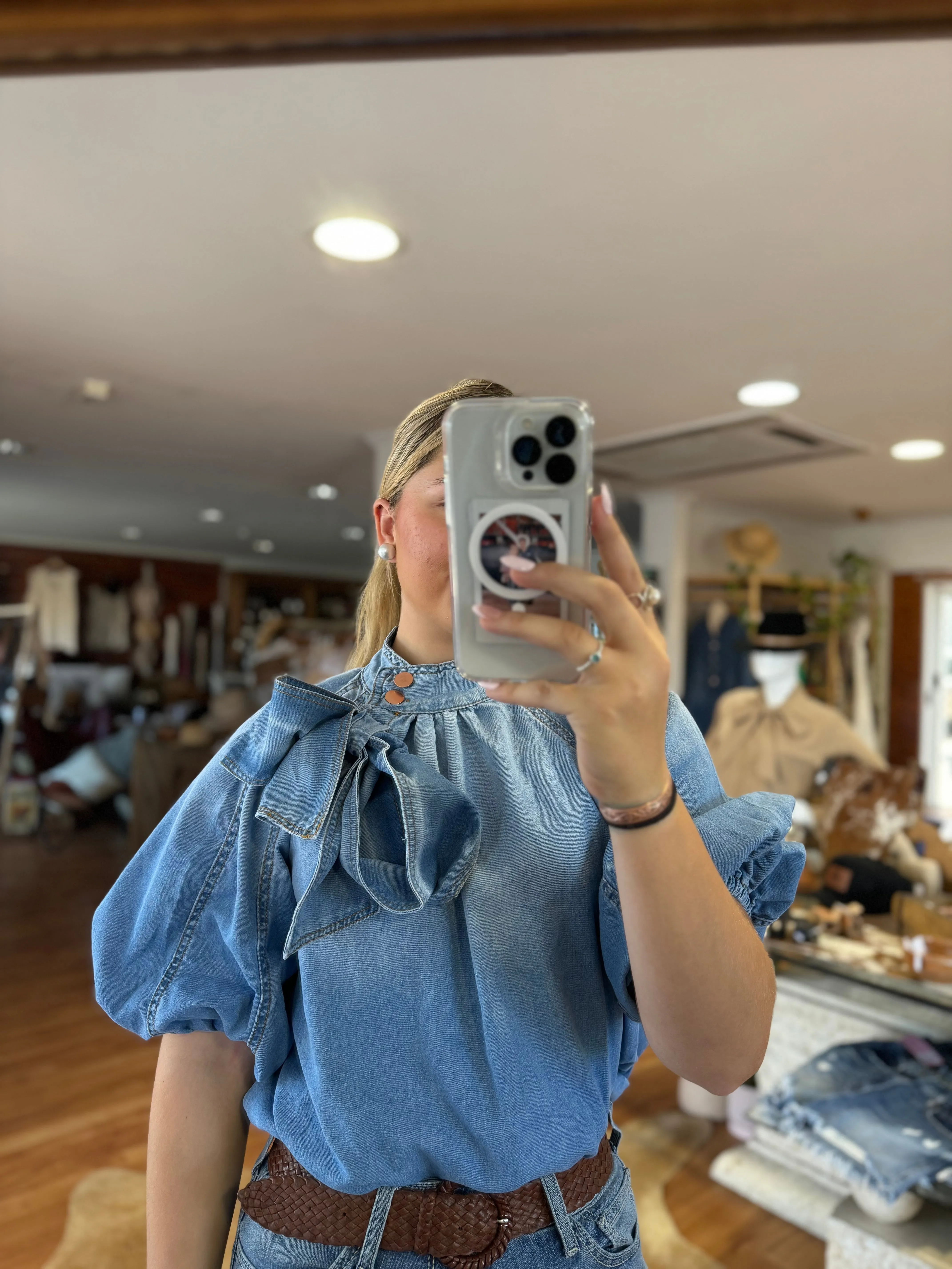Ruffle Bow Denim Top